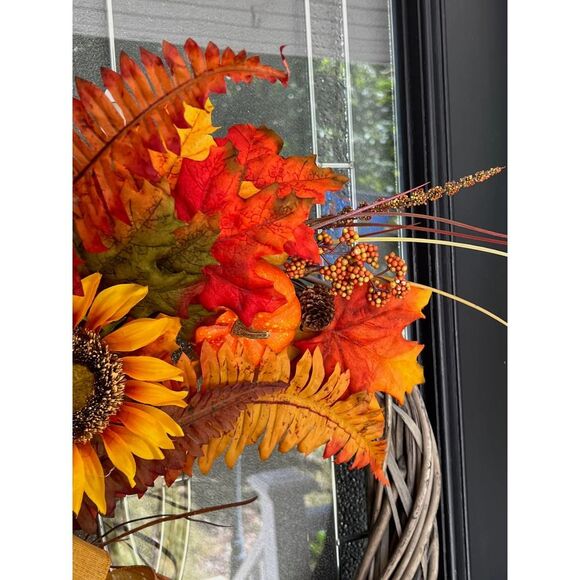 Harvest Fall Wreath with Sunflower's, Leaves and Pumpkins - Picture 5 of 6